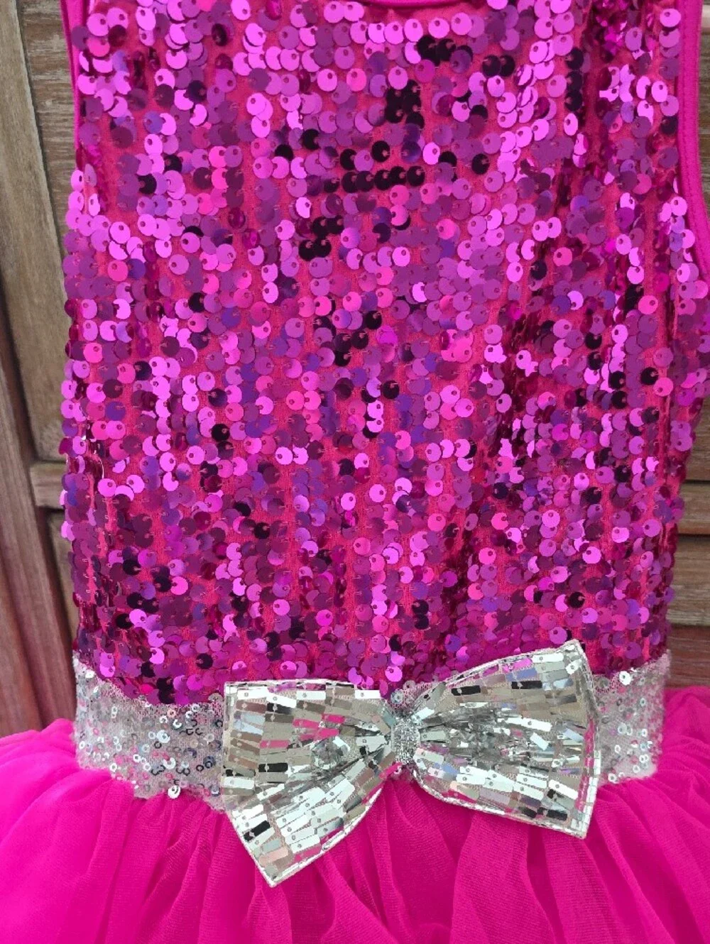Weissman Hot Pink Sequin Tutu Dress with Silver Bow
